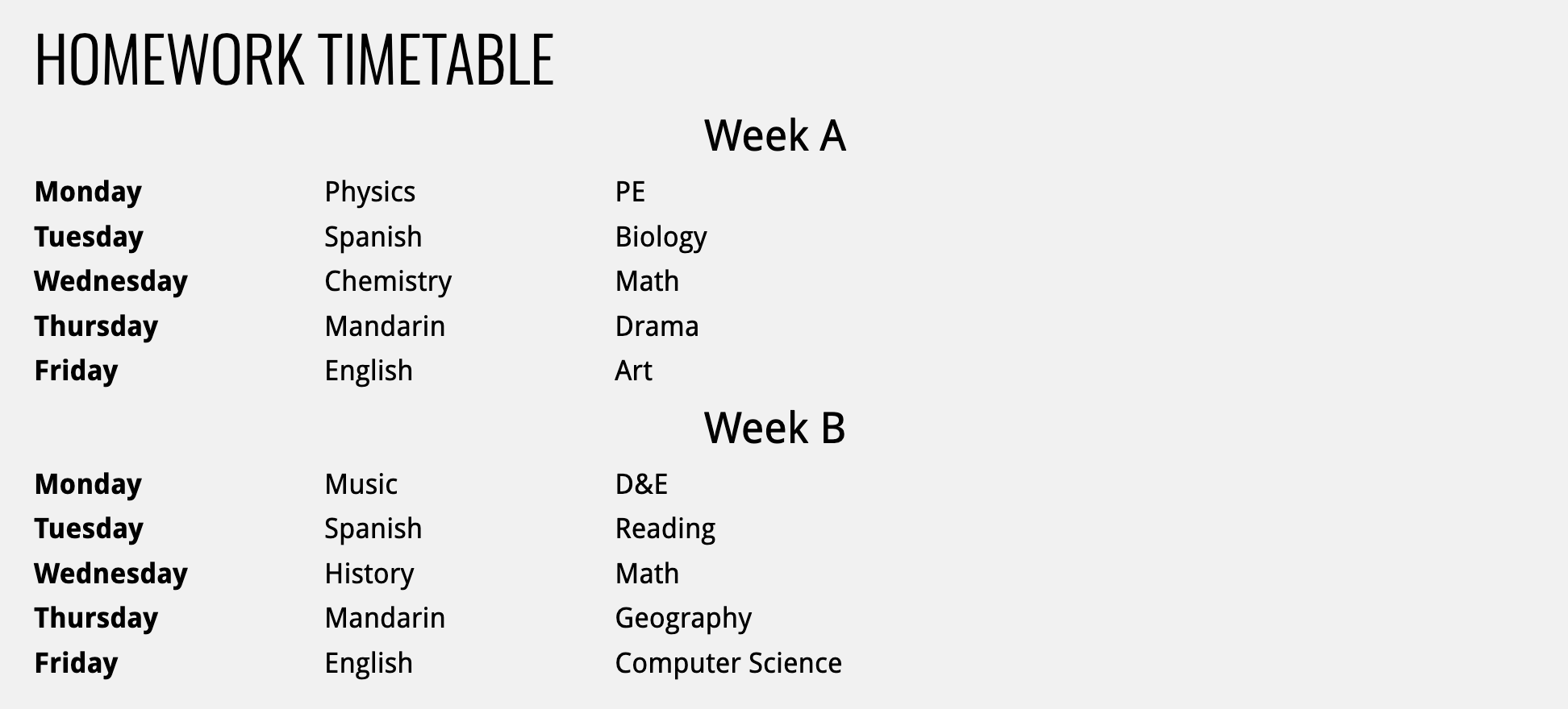 Homework timetable